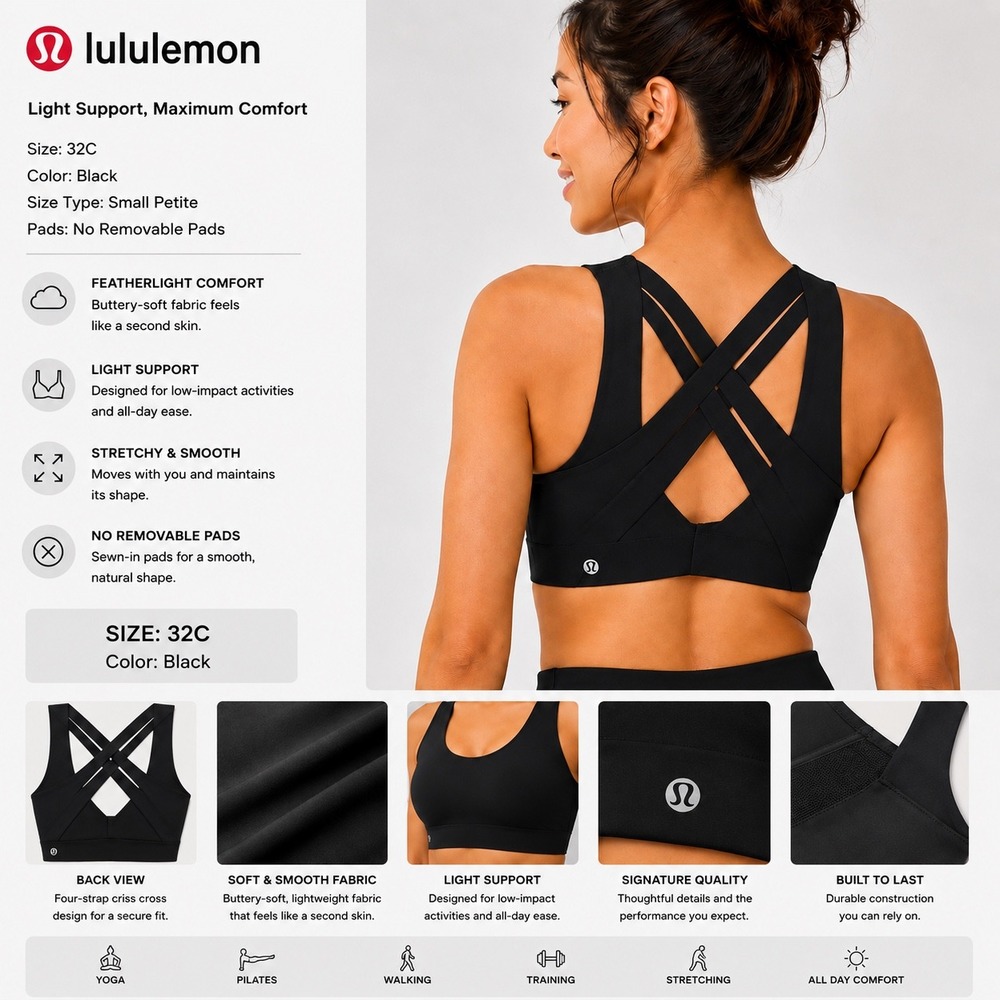 Lululemon Enlite Weave Bra Black 32C Light Support Criss Cross Back Yoga Bra